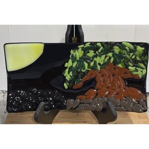 Fused Art Glass Tray Mighty Oak And Sun On Black/ 12" X 6" Unique Hand Crafted